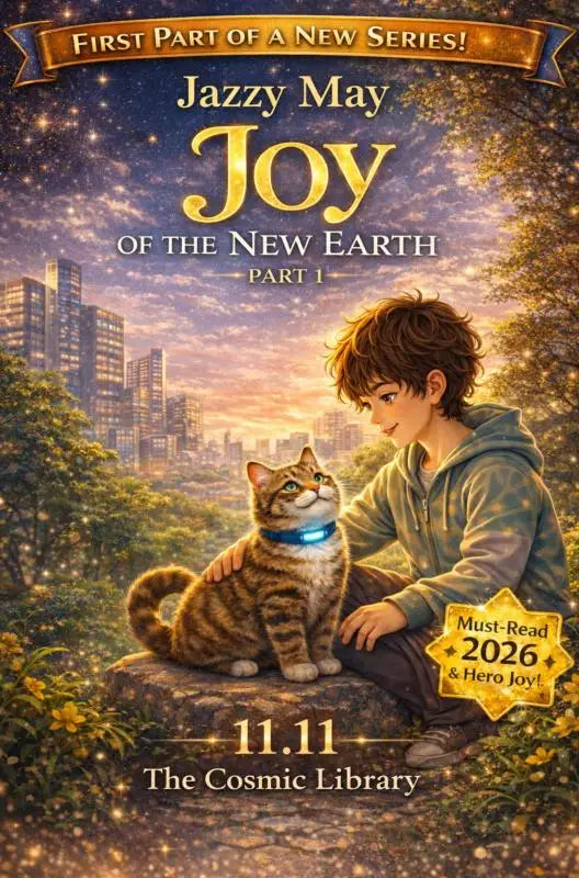 A tabby cat with a glowing blue collar sits beside a boy on a rock in the cosmic library under a starry sky