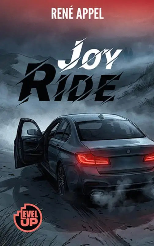 Donkergrijze bmw sedan joyride met open bestuurdersdeur en rood gloeiende achterlichten tegen stormachtige achtergrond