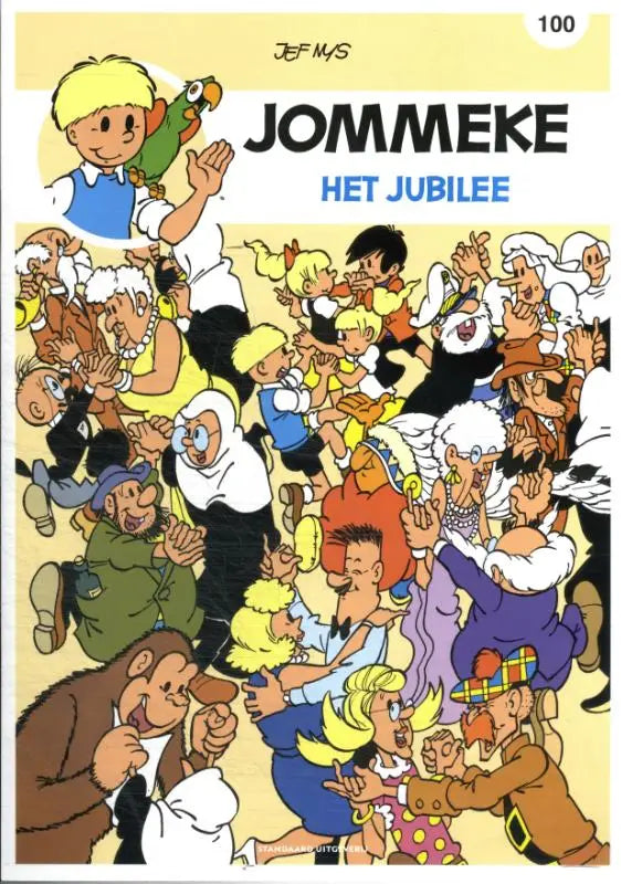 Jef Nys strips algemeen Het jubileum comicboek met kleurrijke illustratie van Jommeke en papegaai in levendige menigte
