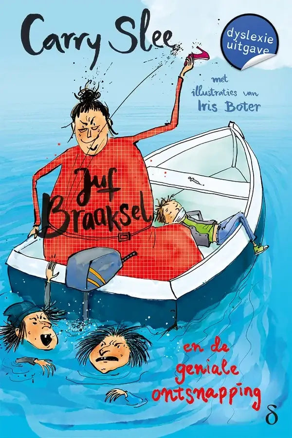 Cartoonfiguur in rode geruite overhemd in boot uit juf braaksel en de geniale ontsnapping boekillustratie