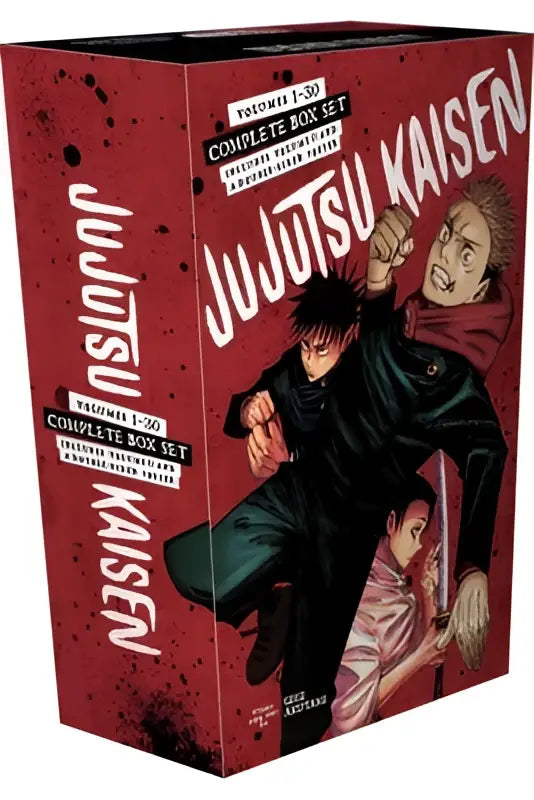 Rood jujutsu kaisen complete box set met dynamische zwart-wit kunst en een prominent personage met zwaard overzicht
