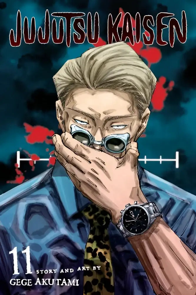 Manga volume cover of jujutsu kaisen vol 11 with blonde man wearing silver goggles and blue patterned shirt, the shibuya incident gate