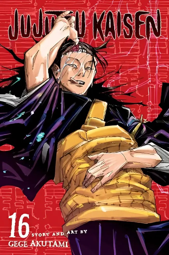 De cover van jujutsu kaisen volume 16 manga toont een dynamische illustratie van een personage in zwart en goud op rode achtergrond