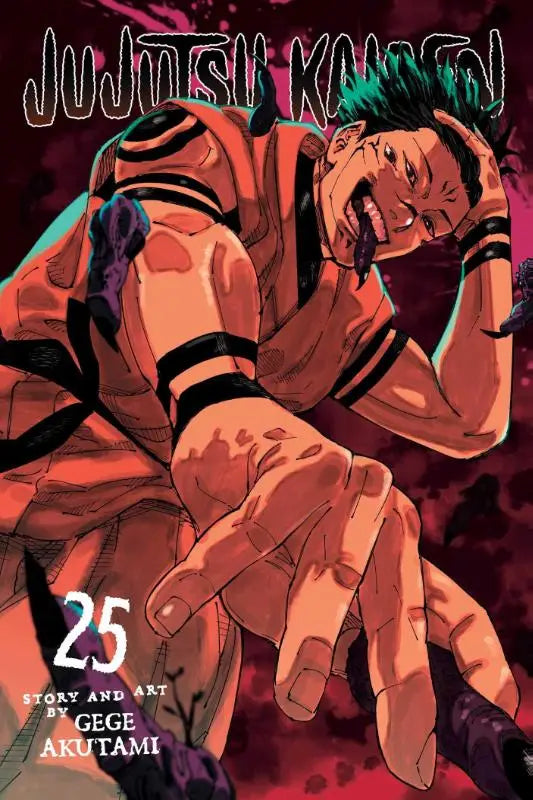 De cover van jujutsu kaisen volume 25 manga toont een personage met groen haar en zwarte armbanden tegen een donkerrode achtergrond