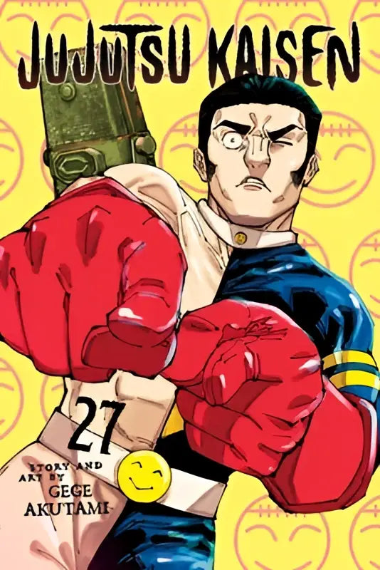 De cover van jujutsu kaisen volume 27 met een personage in rode bokshandschoenen en blauwe kleding tegen een gele achtergrond met smileys
