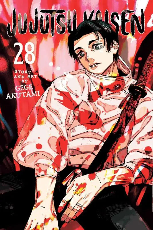 De cover van jujutsu kaisen volume 28 manga met een personage in een wit shirt met rode vlekken en een zwaard