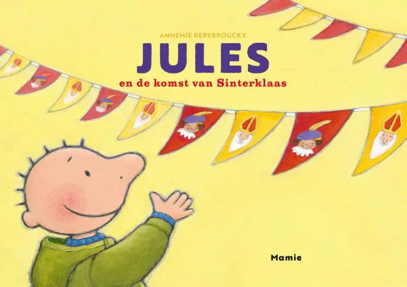 A cartoon boy with spiky hair wearing a green sweater waving happily for jonge lezers in jules en de komst van sinterklaas