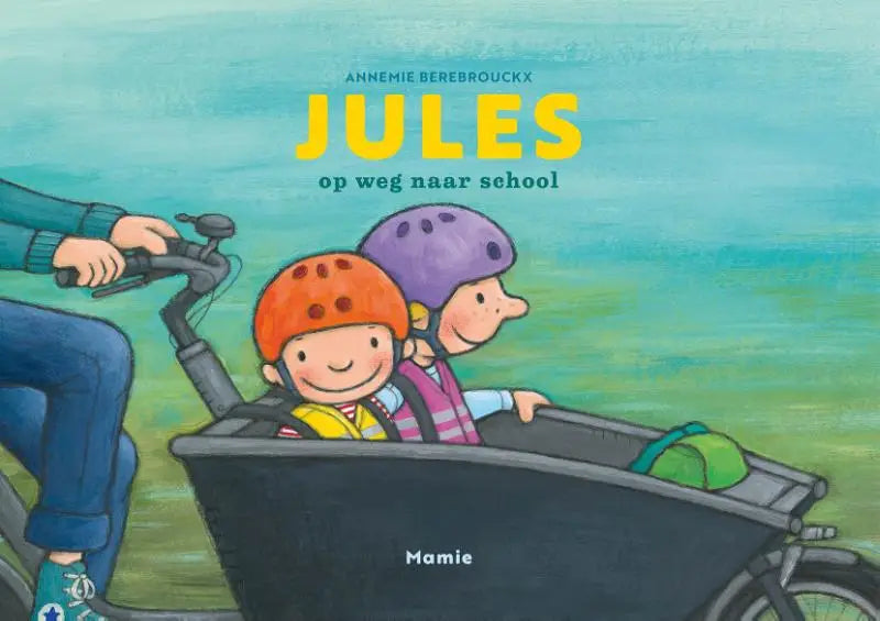 Kinderboek cover met een zwarte bakfiets en twee kinderen met helmen in oranje en paars voor jonge lezers