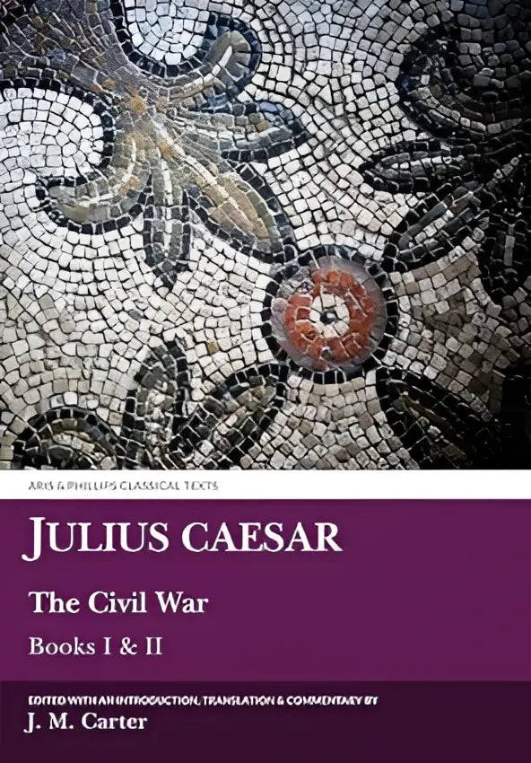 De boekomslag van julius caesar civil war books i & ii aris phillips toont een mozaïek met grijze en zwarte florale patronen en rode accenten