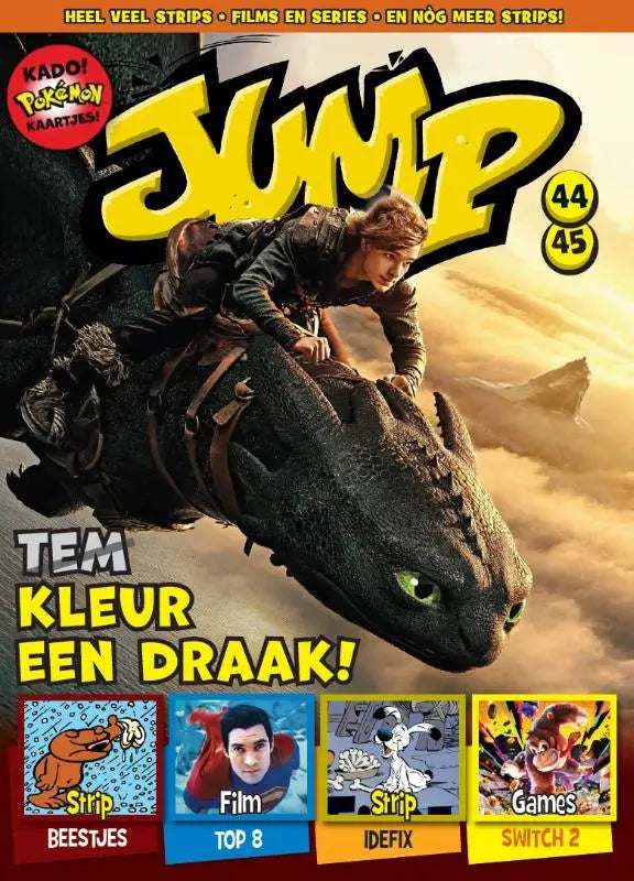 De cover van jump 44/45 toont een donkere textuur van een draak met groene ogen en bruine leren strips algemeen, uitgeverij personalia, charel cambré