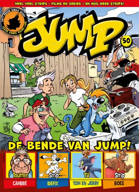 De cover van jump 50 magazine toont een levendige cartoonillustratie met tom en jerry in een buitenscène