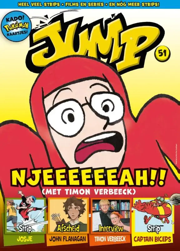 Vibrant gele en rode comic magazine cover van jump 51 met een cartoonfiguur met grote ogen, bril en verbaasde uitdrukking