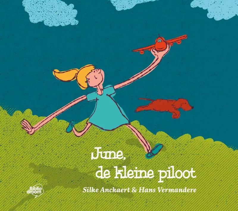Cartoonillustratie van een meisje met blond haar in staartjes dat blij rent met een rode speelgoedvliegtuig in juni de kleine piloot