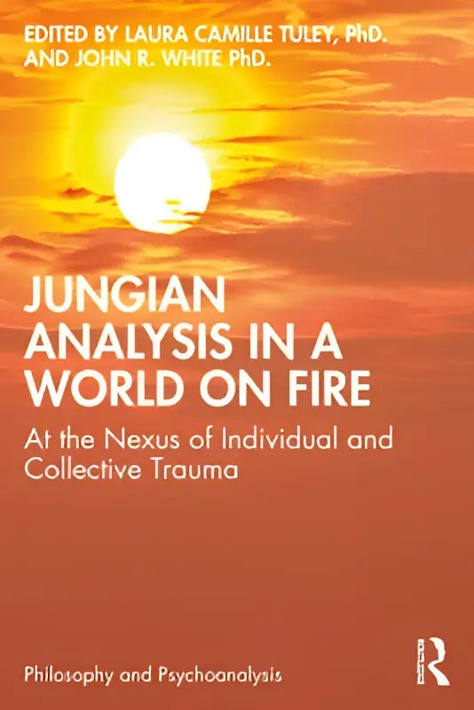 De boekcover toont jungiaanse analyse in een wereld in brand met een oranje en rode zonsondergang achtergrond