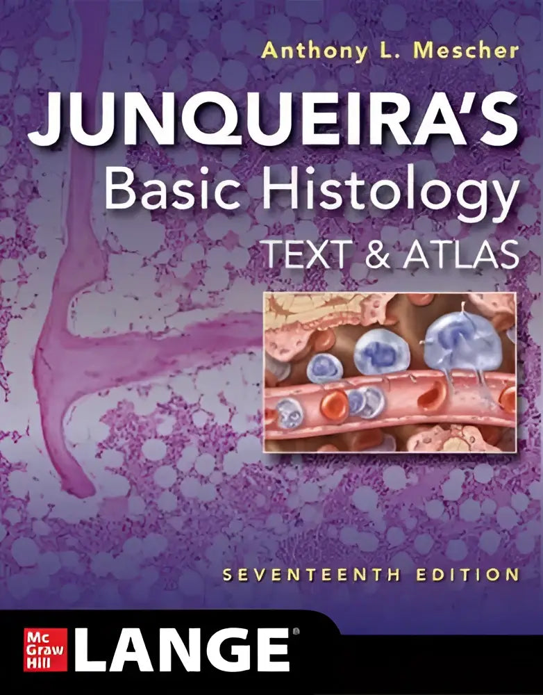 Paars-witte textuurde kaft van junqueira’s basic histology text and atlas 17e editie met microscopische bloedvaten en cellen illustratie