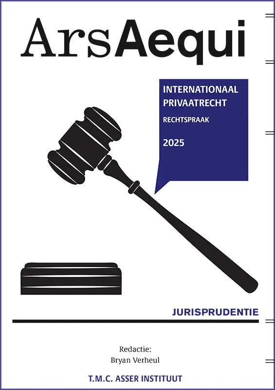 Zwart silhouet van een hamer en klopper op de omslag van jurisprudentie internationaal privaatrecht boek