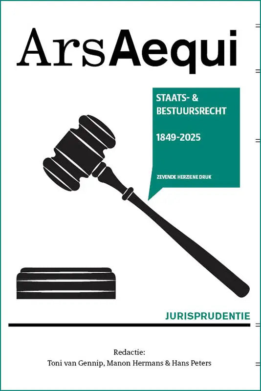 Zwarte silhouet van een hamer en rechterbank op witte achtergrond voor jurisprudentie staats- en bestuursrecht 1849-2025 uitgegeven door juridische uitgeverij ars aequi