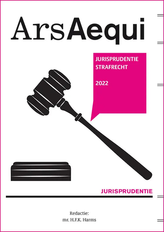 Illustratie van een zwarte hamer op witte achtergrond met magenta rand voor jurisprudentie strafrecht van ars aequi
