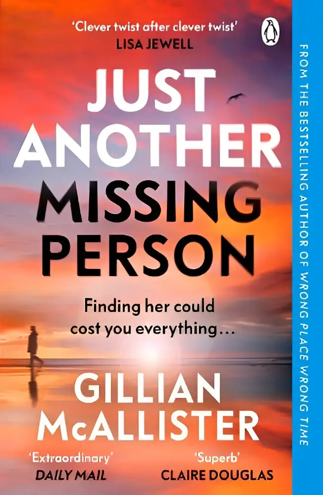 De cover van het boek just another missing person door gillian mcallister toont een zonsondergang en silhouetten in deze gripping new thriller