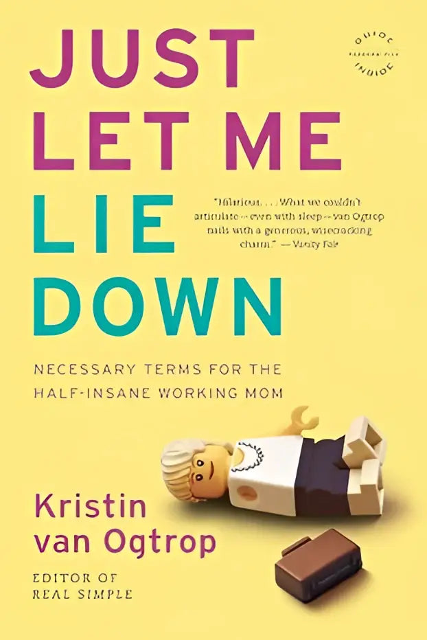 Gele boekomslag van het boek just let me lie down met paarse en turquoise letters en een lego-figuur bij een chocoladereep