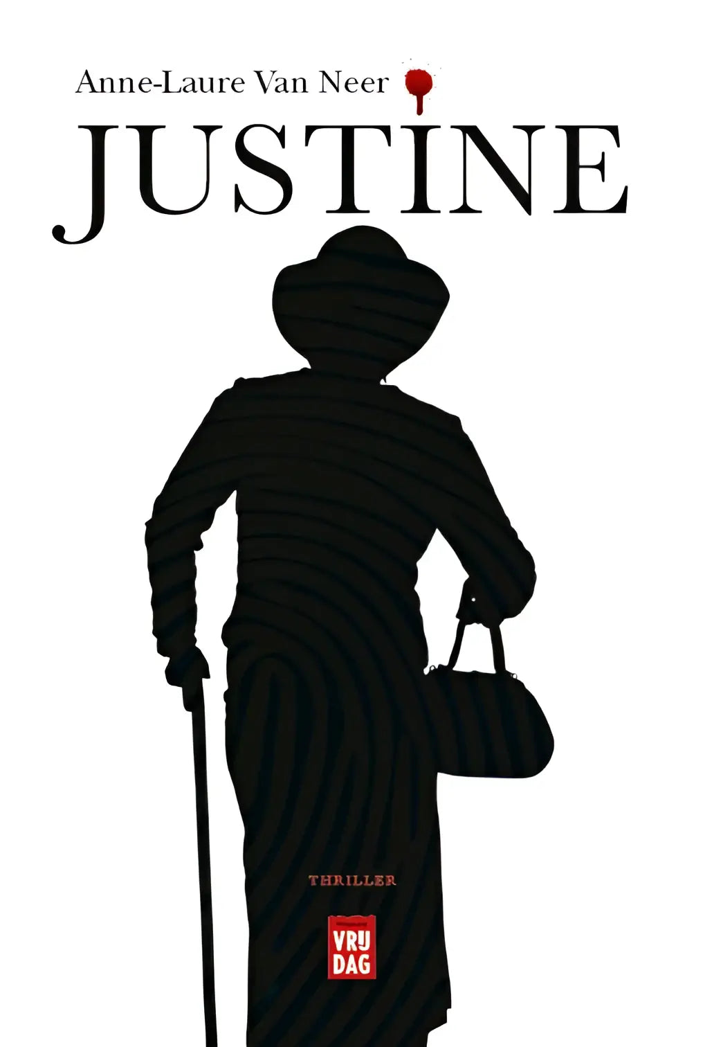 Black silhouet van een vrouw in gestreepte kleding die een wandelstok vasthoudt en een handtas draagt in justine