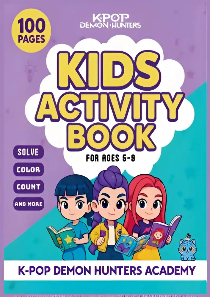 Vibrant purple and teal k-pop demon hunter activity book for kids featuring cartoon characters holding books