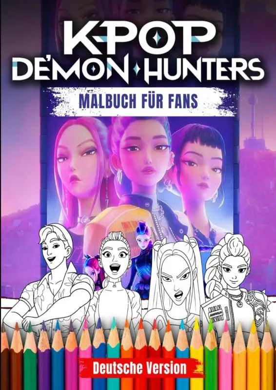 K-pop demon hunters malbuch met levendige anime scènens en helden en kleurrijke potloden voor fans van alle leeftijden