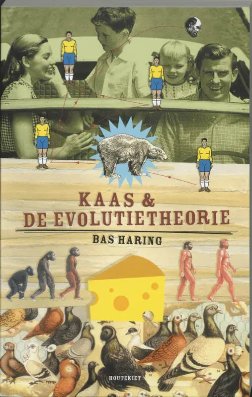 Het boek kaase en de evolutietheorie toont een gele kaaswedge met gaten op een collageachtergrond voor kinderboeken algemeen door bas haring