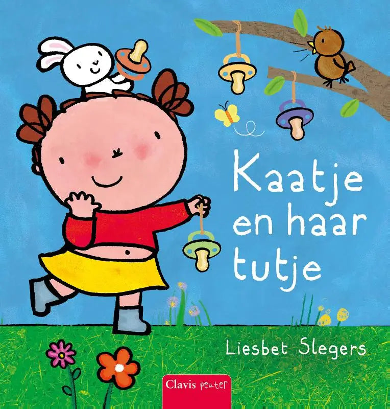 Een vrolijk cartoonmeisje in een rode top en gele rok met speentjes toont kaatje en haar tutje van liesbet slegers clavis bvba