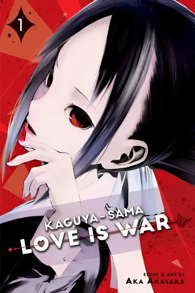 De cover van de manga kaguya-sama love is war volume 1 met een gestileerde illustratie van de hoofdpersoon met donker haar en rode ogen op een rode achtergrond