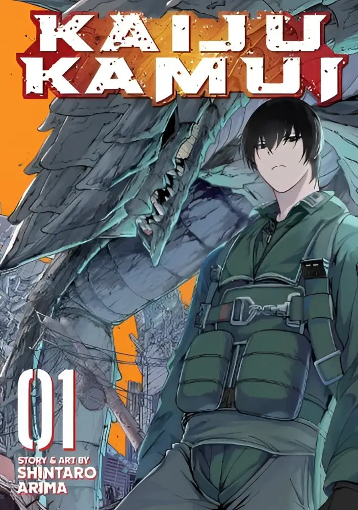 De cover van kaiju kamui volume 1 toont een jonge man in groen tactisch tenue voor een grote grijze kaiju met gloeiende oranje ogen