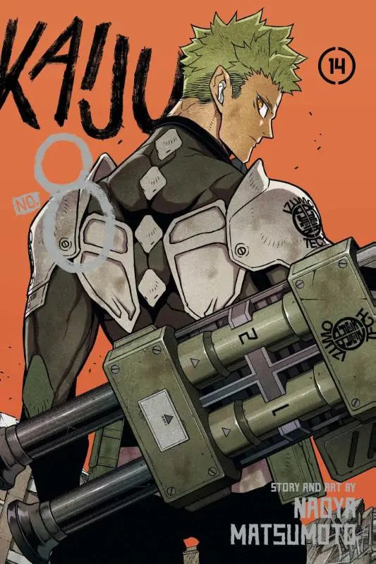 Een groenharig animepersonage met een donker, pantserachtig hesje en witte metalen schouderplaten op kaiju no 8 volume 14
