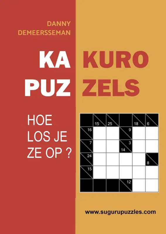 Rood-beige kakuro puzzels boek met zwart-wit kurozels rooster en genummerde aanwijzingen voor oplossen
