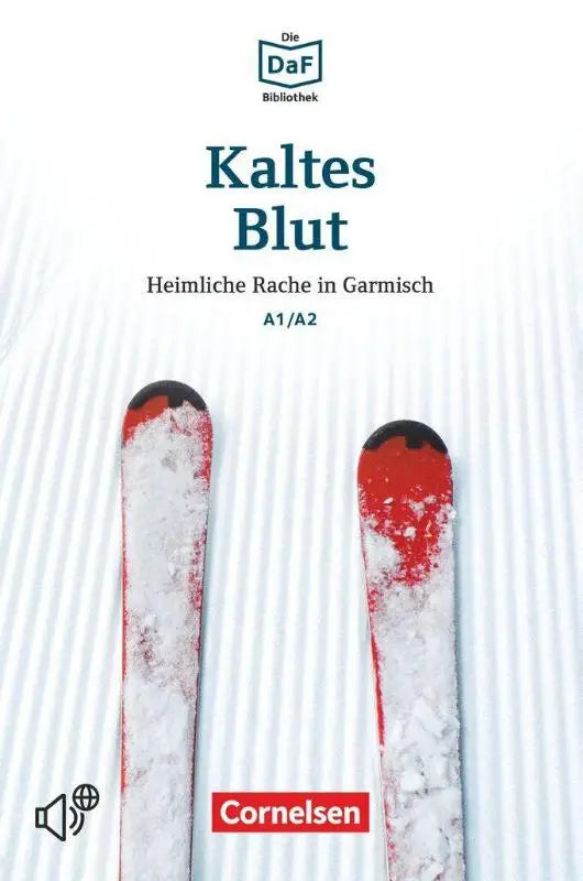 Een paar witte kaltes blut ski’s met rode accenten en sneeuwresten tegen een gestreepte achtergrond
