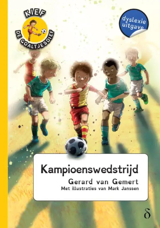 De cover van kampioenswedstrijd goaltjesdief deel toont kinderen in voetbaltenue rennend naar een klassieke bal op veld