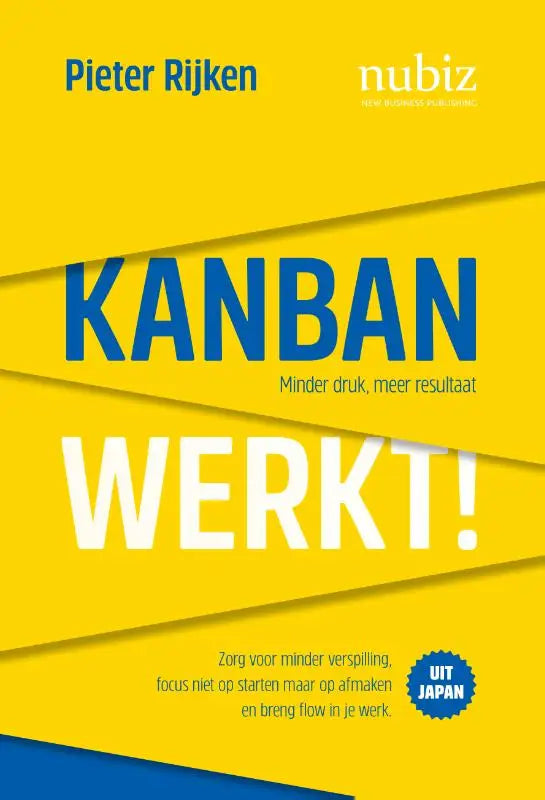 Heldere gele boekomslag met gedurfde blauwe en witte tekst met de titel kanban werkt door pieter rijken