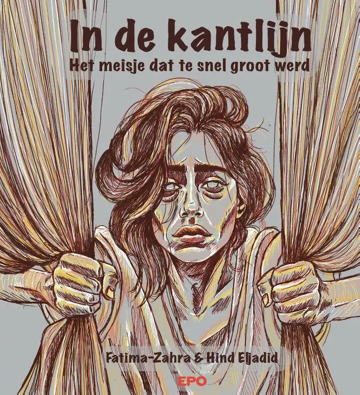 Illustrated book cover for in de kantlijn showing a young girl with brown hair gripping heavy curtains by fatima-zahra eljadid hind eljadid realistische strips