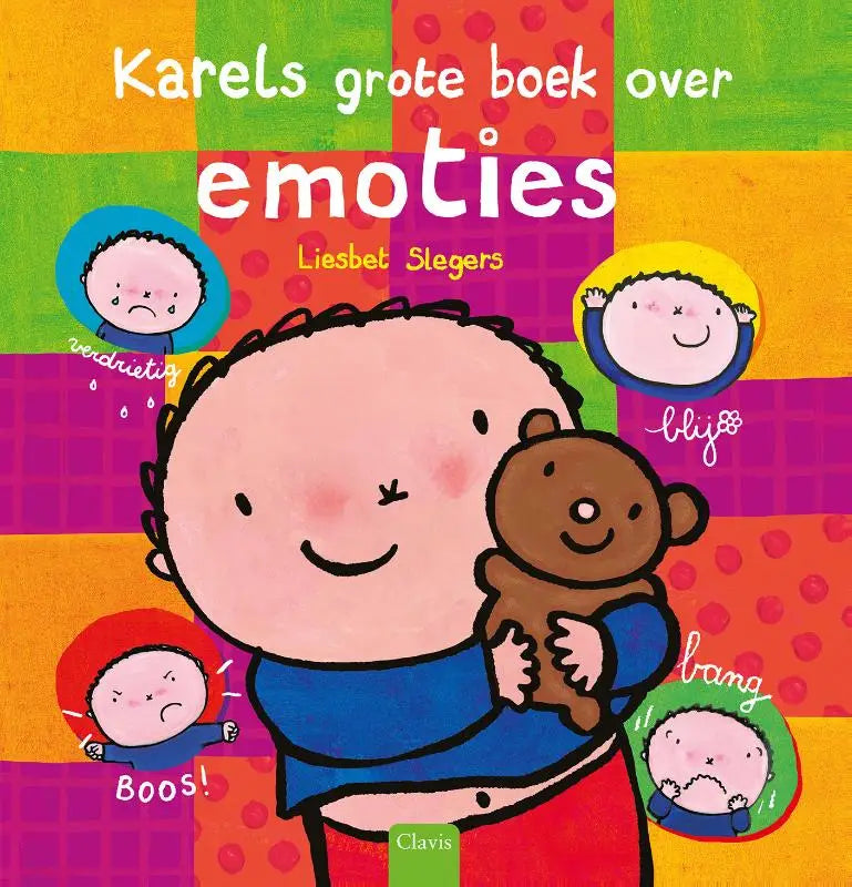 Karels grote boek over emoties kleurrijke kinderboekcover met cartoon kind en teddybeer voor jonge lezers