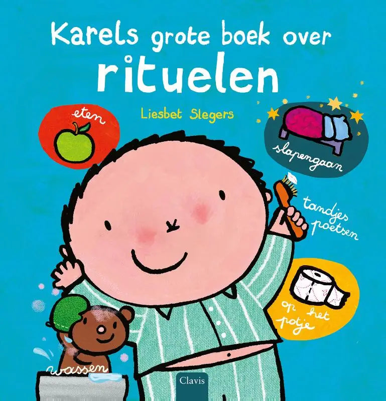 Een vrolijk cartoonkind in groenwit gestreepte pyjama met tandenborstel en teddybeer in karels grote boek voor jonge lezers