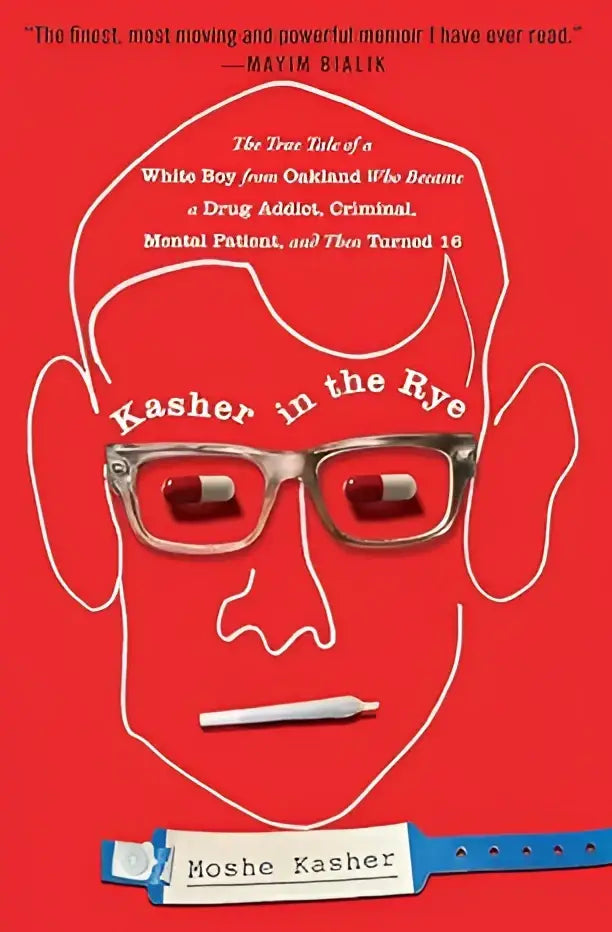 Rood boekcover van kasher in the rye door comedian moshe kasher met witte lijntekening van gezicht met pillenogen