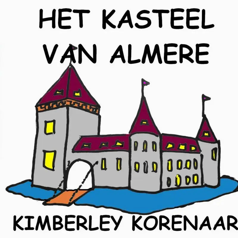 Illustratie van het kasteel van Almere met grijze stenen muren, rode dakpannen en gele ramen voor jonge lezers