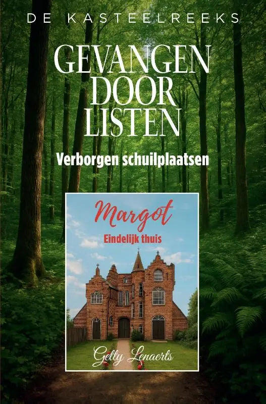 De kasteelreeks boekcover toont een roodstenen huis met torens en bogen voor een groen bosachtergrond