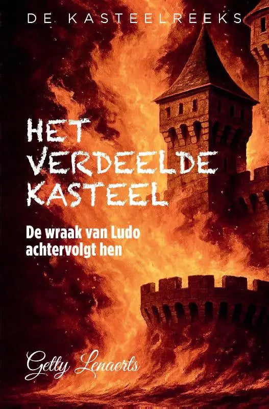 Het boekcover van de kasteelreeks toont een brandend oranje en zwart kasteel met de titel het verdeelde kasteel en onverwachte ontmoeting