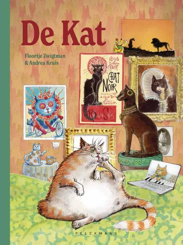 De kat product toont een pluizige oranje witte kat liggend op groen patroon, omringd door kattenkunst voor jonge lezers