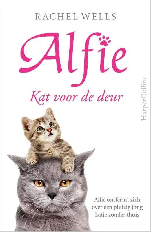 Witte boekcover van kat voor de deur met roze cursieve titel alfie en pootafdruk boven de i met twee katten