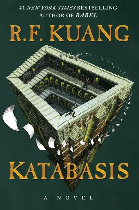 De standaardeditie van het boek katabasis toont een gedetailleerde illustratie van een complexe stenen structuur met gouden accenten