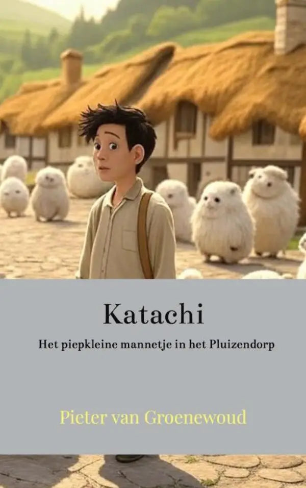 De boekomslag van katachi toont het piepkleine mannetje met titel en subtitel op een grijze achtergrond voor jonge lezers