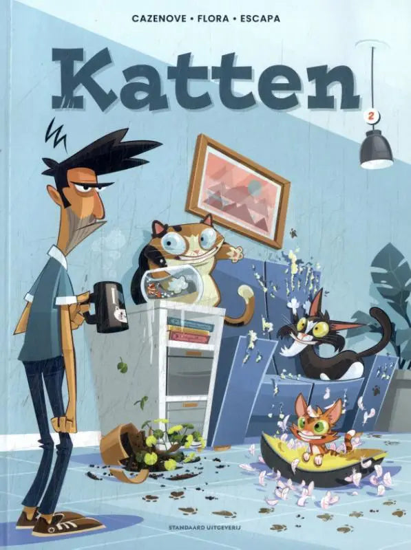 De cover van het stripboek katten 2 door cazenove flora en escapa toont een cartoonillustratie met drie speelse katten in chaotische poses