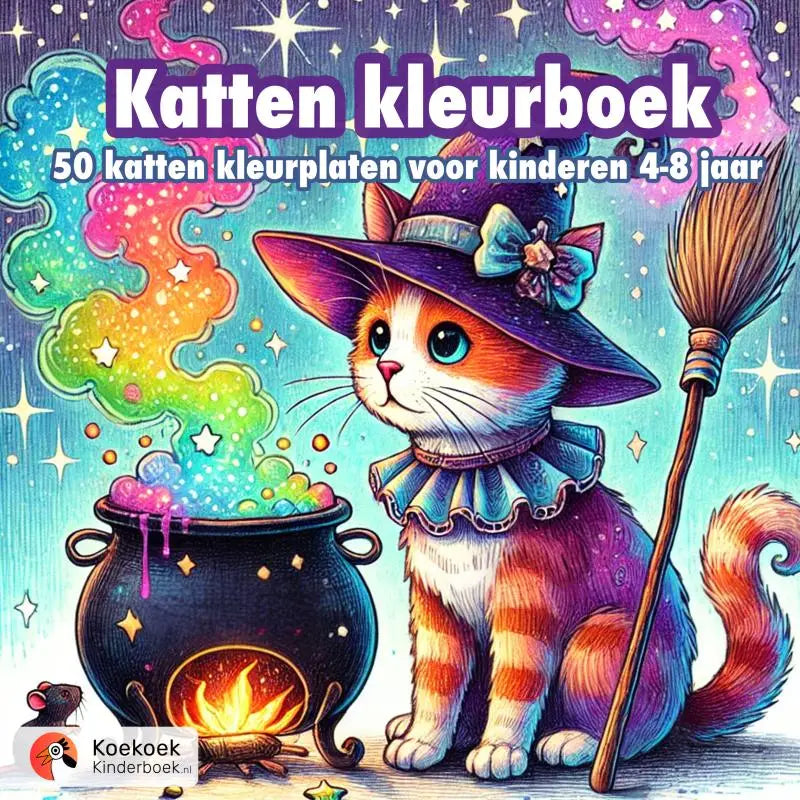 Een oranje witte kat verkleed als heks met paarse hoed bij een zwarte ketel met regenboogschoorsteen in katten kleurboek voor jonge lezers