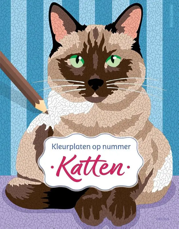 Illustratie van een siamese kat met groene ogen en mozaiektextuur in bruin en crème op blauwe achtergrond, marica zottino deltas chantecler katten kleurplaten op nummer